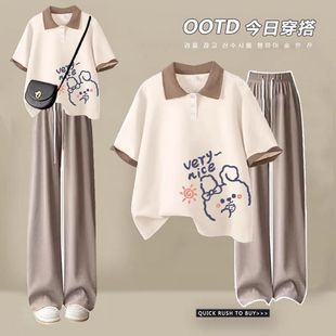 学院风可爱甜美套装女童夏季学生polo衫翻领短袖t恤+阔腿裤两件套