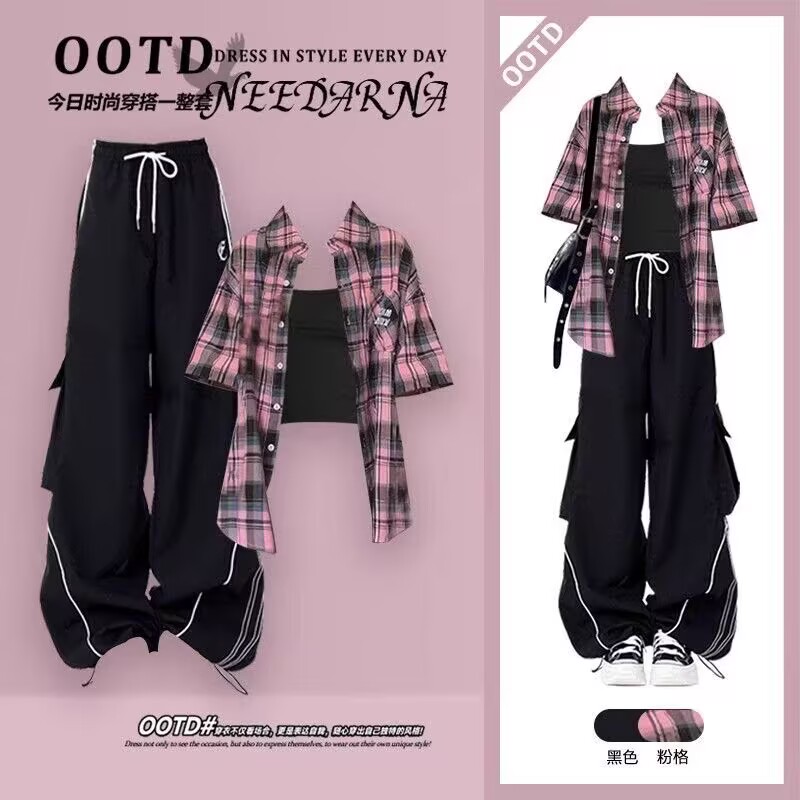 大童夏日洋气工装裤套装女2025学生穿搭多巴胺韩系短袖衬衫三件套