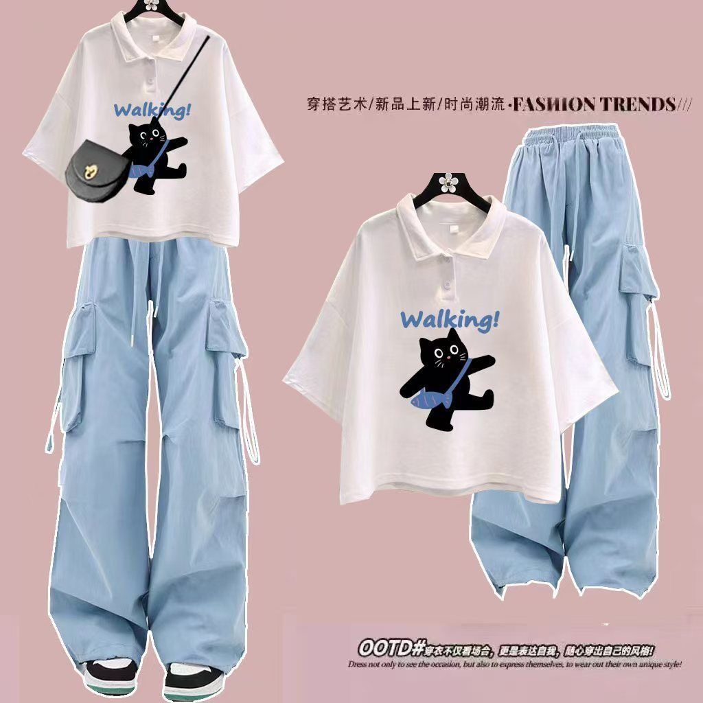 夏季洋气短袖上衣工装裤两件套潮