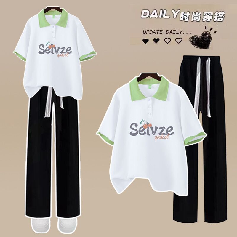 15岁初中学生夏季套装女短袖T恤Polo衫大童休闲阔腿裤裤两件套潮