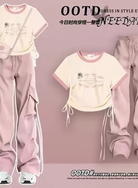 中大童夏装少女套装初中学生洋气短袖上衣高腰显瘦工装裤两件套潮