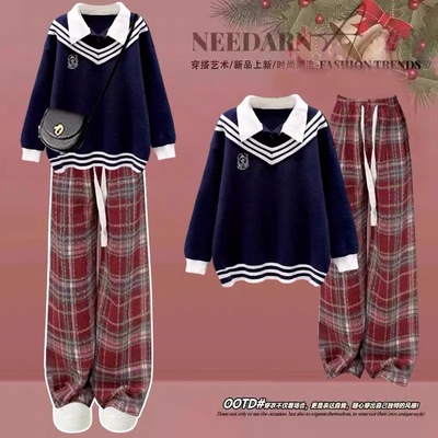 学院风毛衣少女套装2025秋冬装大童初高中学生假两件针织衫两件套