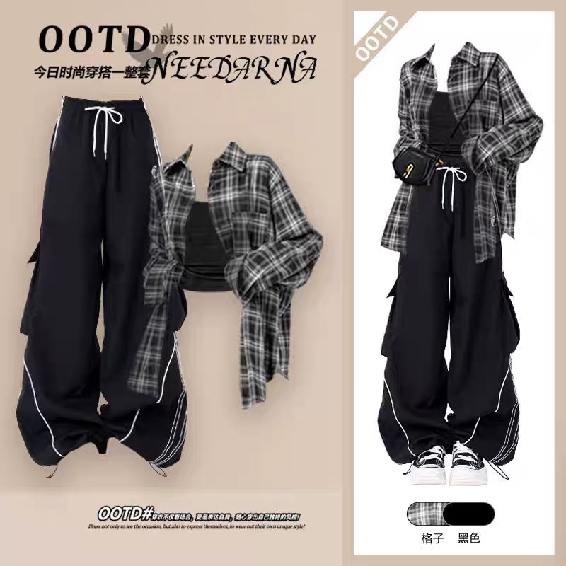 春秋季少女多巴胺炸街时尚套装女工装裤休闲中大童长袖衬衫三件套