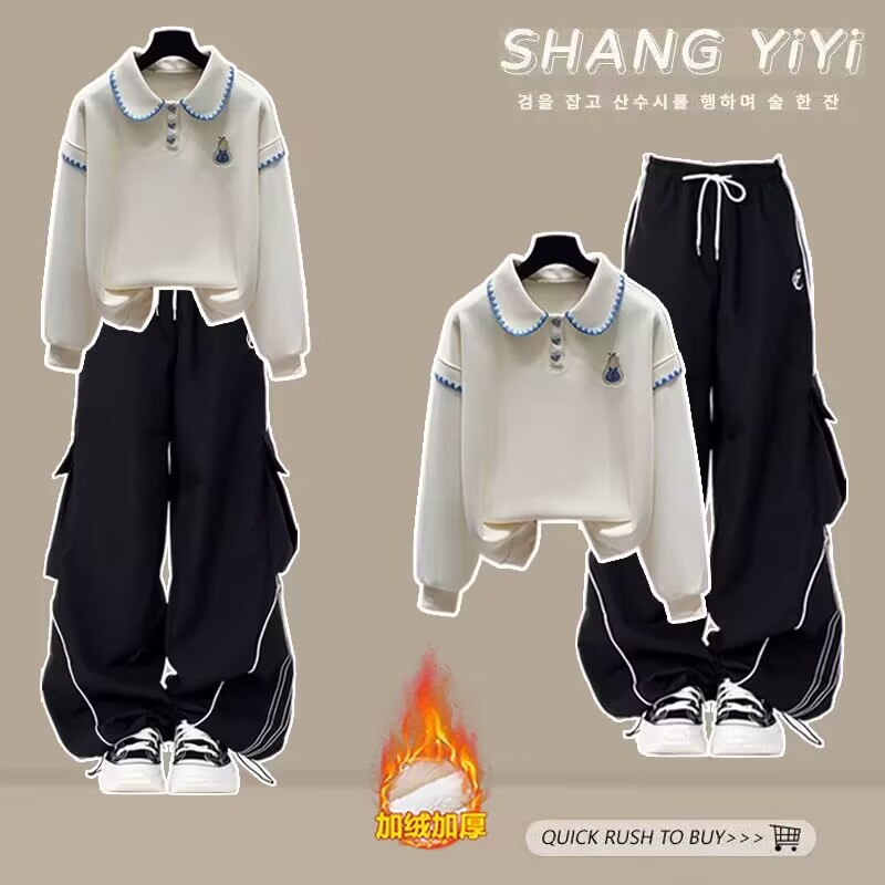 大童初中女生休闲运动套装高中学生少女学院风卫衣秋冬加绒两件套