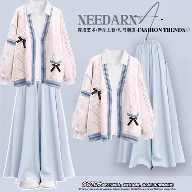 春秋季针织开衫大童阔腿裤两件套