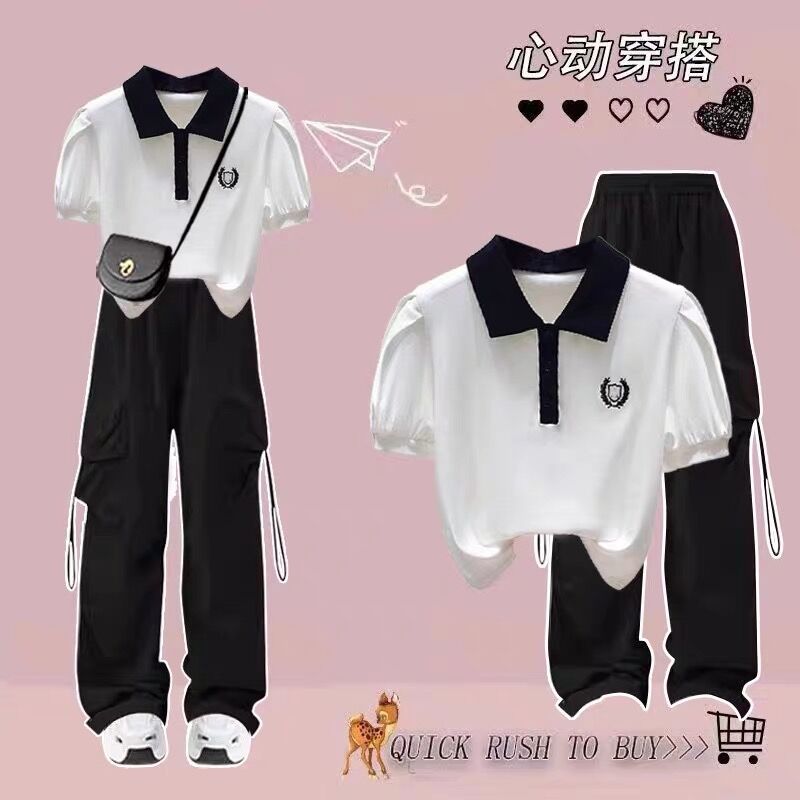 女童夏季女孩套装学院风中大童Polo领T恤工装裤休闲酷飒风两件套图片