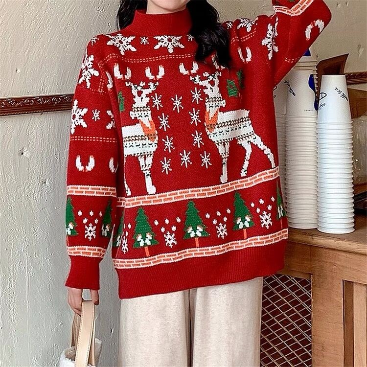 少女红色圣诞节毛衣女秋冬季新年衣服洋气宽松加厚外穿针织衫上衣