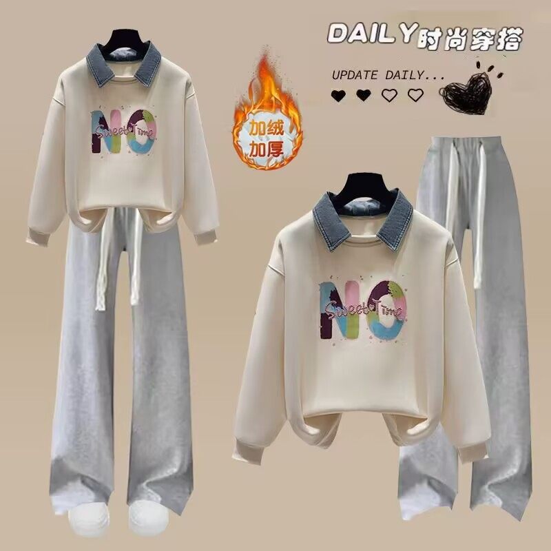 少女秋冬加绒运动套装初中高中学生时尚洋气大童卫衣休闲裤两件套