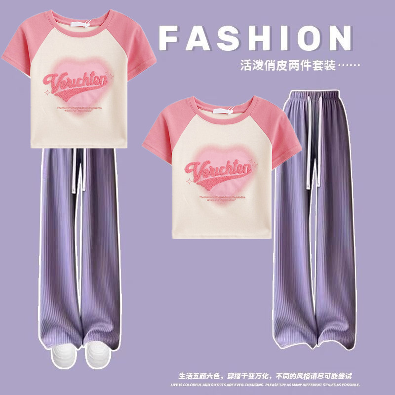 女童夏季套装新款洋气短款多巴胺女孩大童夏天阔腿裤两件套上衣服图片