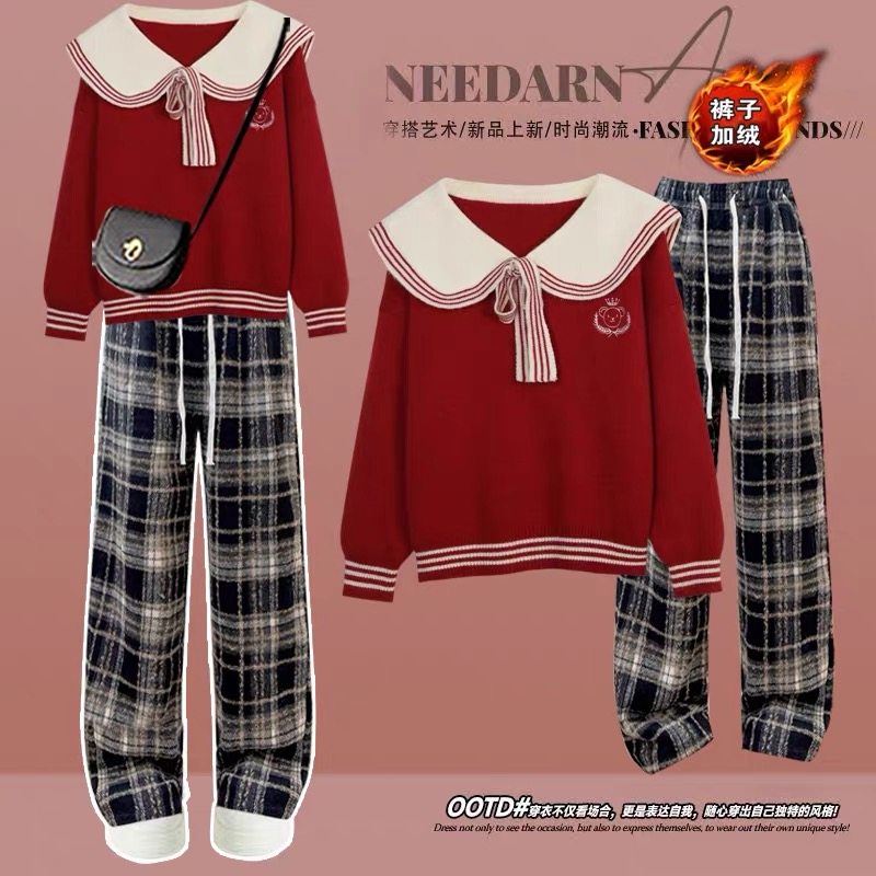 少女装大童跨年套装阔腿裤过年穿搭一整套新年战袍红色毛衣两件套,童装/婴儿装/亲子装,套装,淘宝优惠券,粉丝福利购,淘宝优惠卷