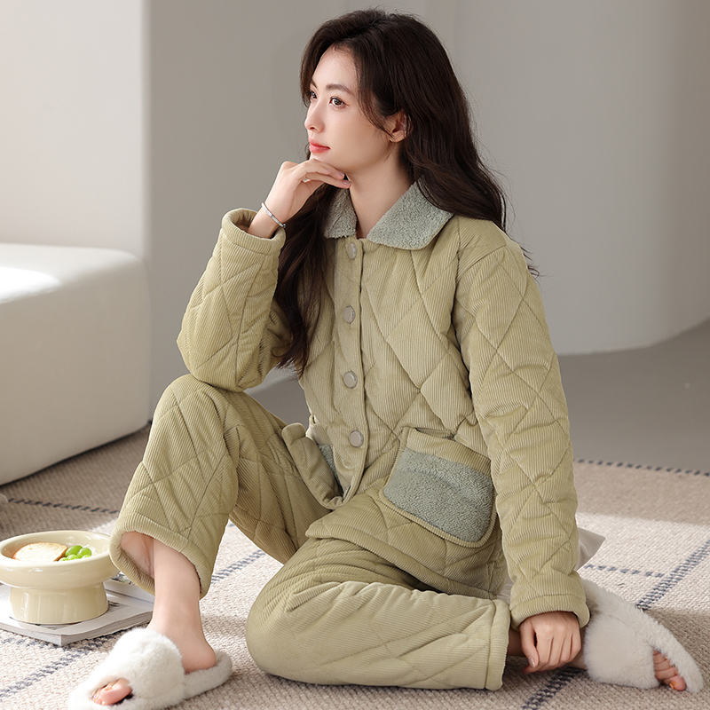 睡衣女秋冬季三层加绒加厚珊瑚绒夹棉保暖棉袄灯芯绒家居服可外穿