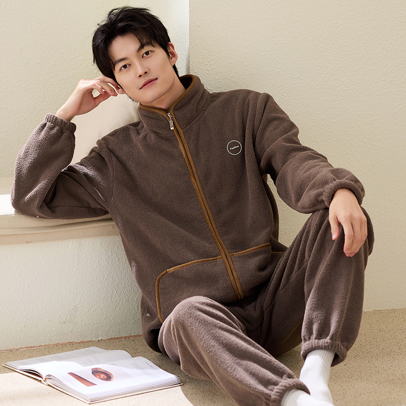 睡衣男士秋冬季珊瑚绒新款加绒保暖长袖拉链套装青少年简约家居服