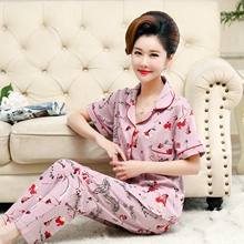 中年妇女妈妈夏季薄款纯棉短袖长裤小翻领开衫全棉睡衣家居服