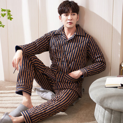 加厚冬款男士保暖棉袄睡衣纯棉三层夹棉秋冬可外穿条纹加棉家居服
