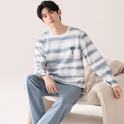 大码男款睡衣秋冬新品纯棉圆领套头长袖春夏舒适休闲可外穿家居服