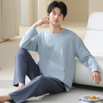 新品男款纯色睡衣圆领套头纯棉长袖休闲简约春秋可外穿男家居服冬