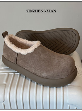 尹政贤加绒加厚勃肯鞋女冬季4cm厚底包头一脚蹬软底保暖懒人鞋男