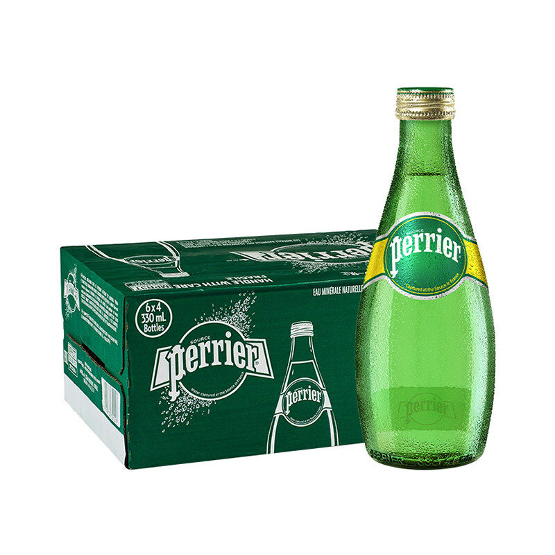 法国进口Perrier巴黎水24瓶气泡水玻璃瓶矿泉水生姜青柠味高档