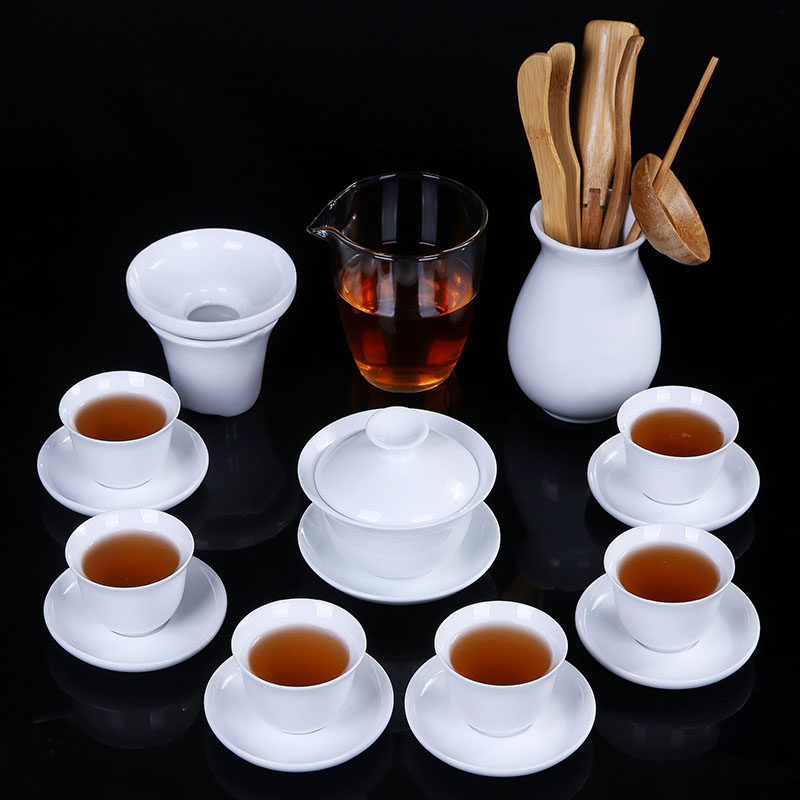 简约德化白瓷陶瓷功夫茶具套装整套家用盖碗茶杯礼品定制logo批發