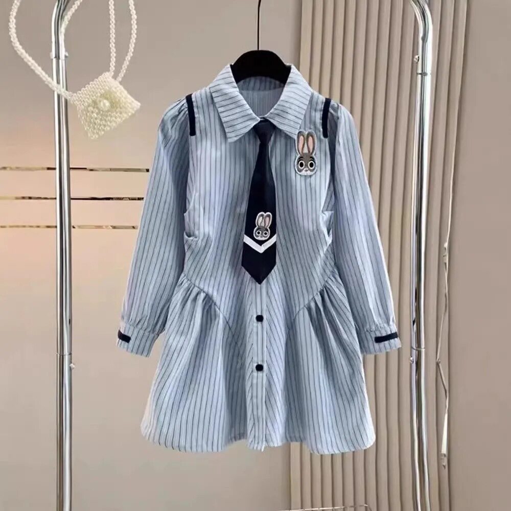 女童连衣裙春装新款洋气中大童条纹衬衫裙时尚学院风长袖裙子春季