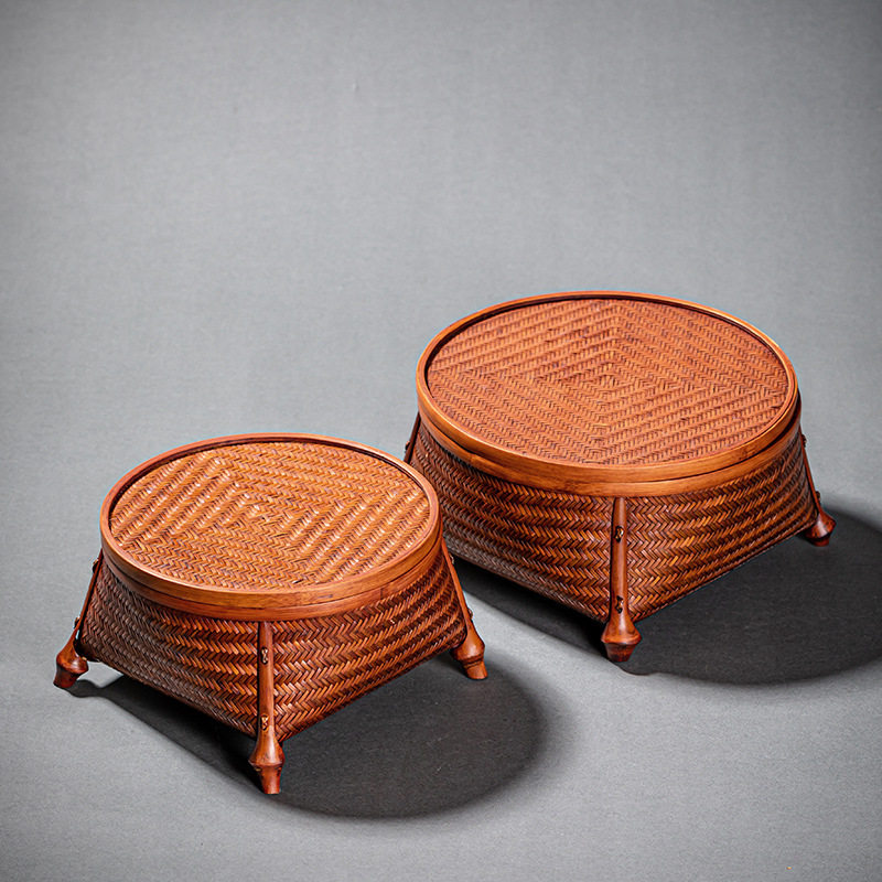 竹编收纳盒有盖古风食盒水果点心盒茶具收纳盒零食收纳筐竹筐圆形