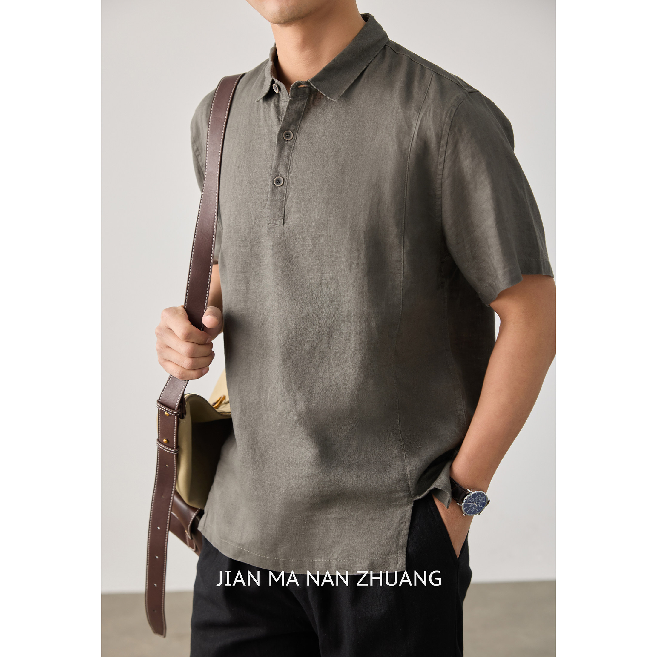 简麻男装纯亚麻POLO领短袖T恤男士夏季简约纯色衬衫轻薄透气上衣