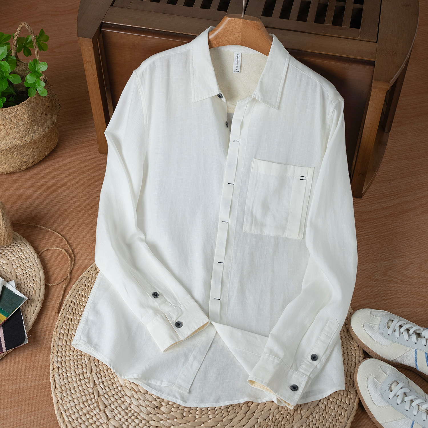 简麻男装天丝亚麻长袖衬衫男春夏新款设计感口袋休闲衬衣开衫外套