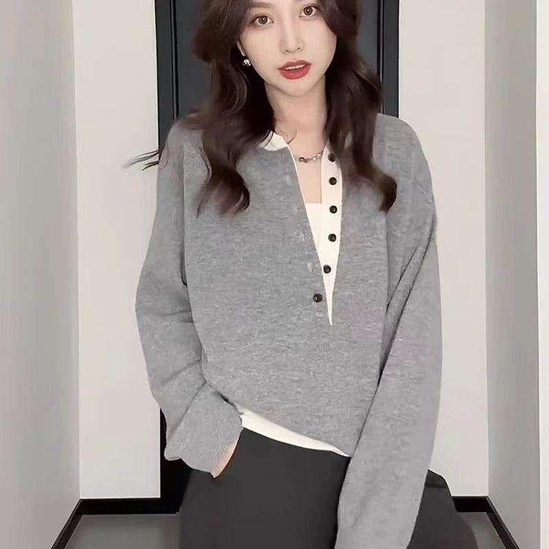 时尚针织衫女秋款外穿长袖上衣韩版宽松拼色套头毛衣圆领打底毛衫