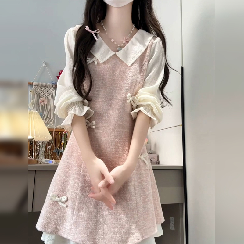 小个子香风粉色连衣裙子女开春季2025年新款假两件miu系穿搭短裙