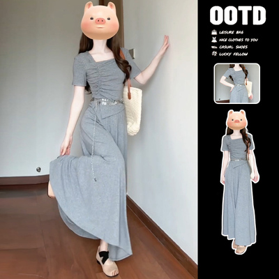 小个子灰色连衣裙女2025新爆款初夏季韩系高级感穿搭一整套装长裙