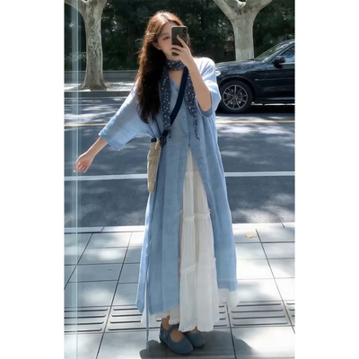 蓝色衬衫式洋装子女夏季2026新款韩系巨好看穿搭长裙初夏漂亮套装