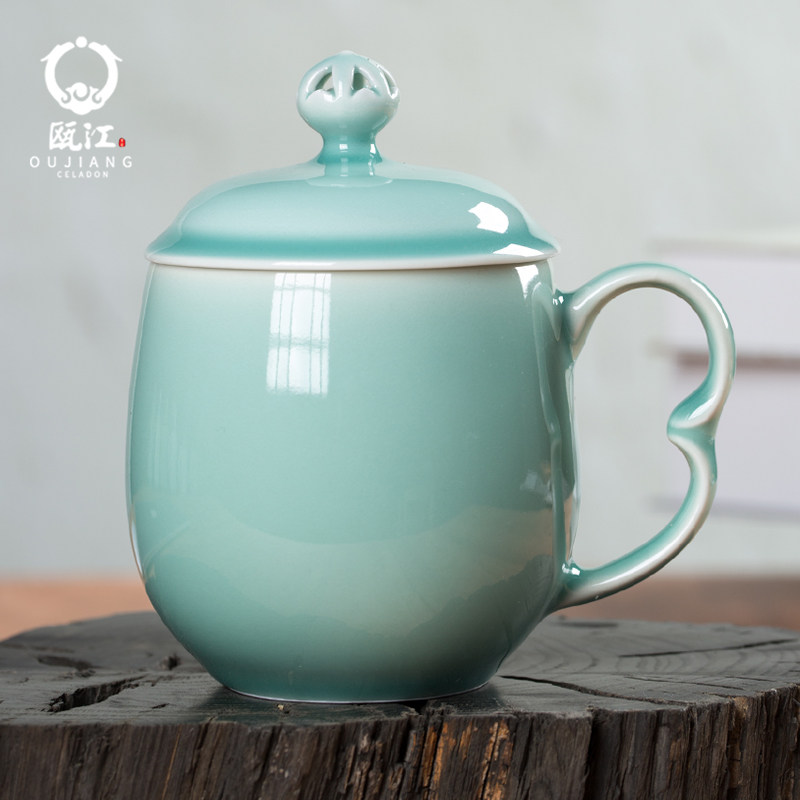 瓯江龙泉青瓷办公杯镂空茶杯带盖陶瓷杯礼盒套装杯浮生复古宫廷杯