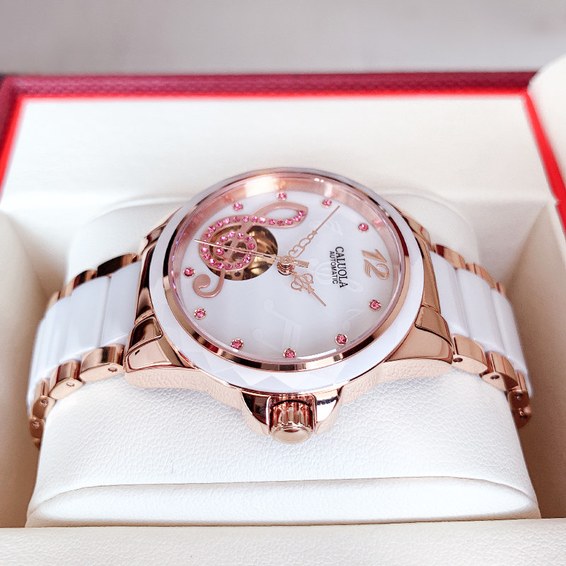 卡罗莱女士手表品牌正品镶钻时尚机械女表防水精钢带皮带简约腕表