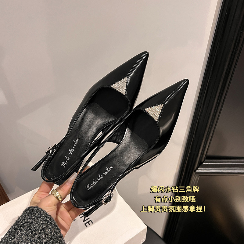 法式银色中跟鞋女真皮浅口性感细跟一字带包头水钻凉鞋通勤工作鞋