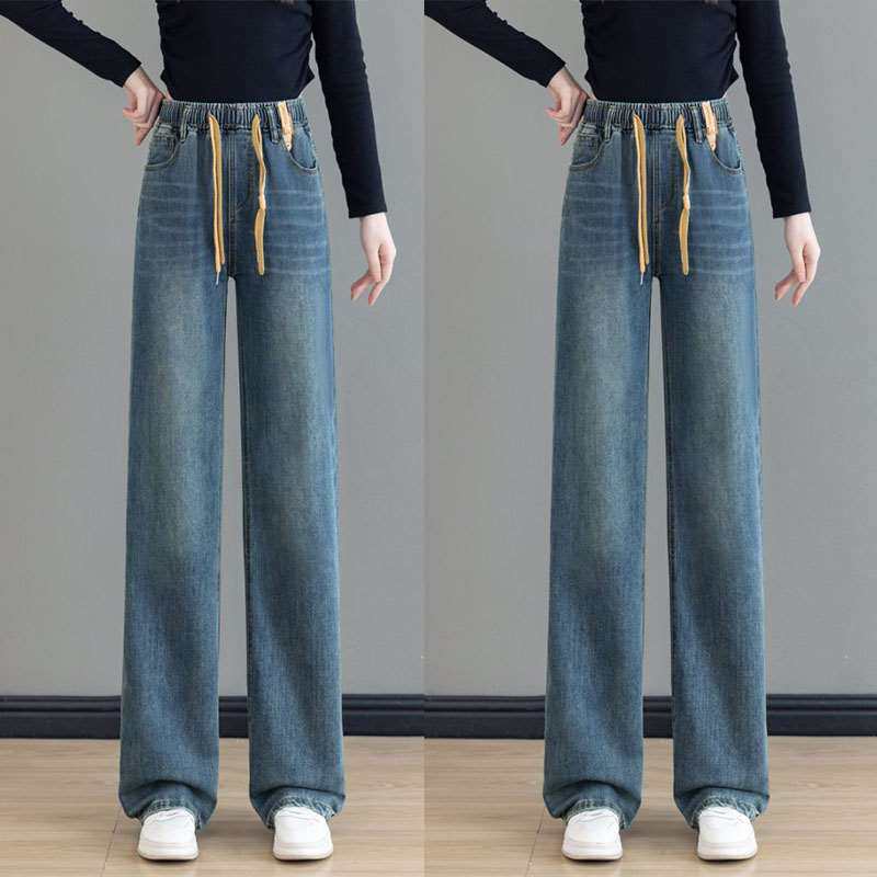 松紧腰直筒裤牛仔裤女2025新款大码胖MM梨型身材显瘦宽松窄版阔腿