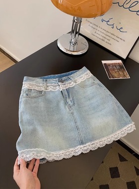 蓝色蕾丝拼接气质牛仔短裙a字包臀半身裙女士2025新款夏季小个子