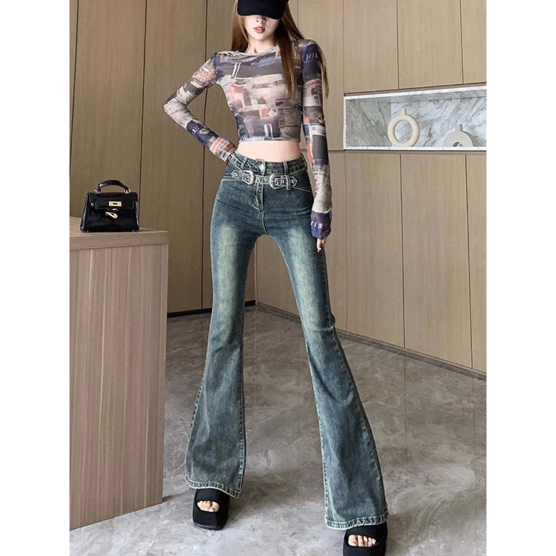复古渐变色马蹄牛仔裤女夏季设计感高腰喇叭裤弹力紧身拖地微喇裤
