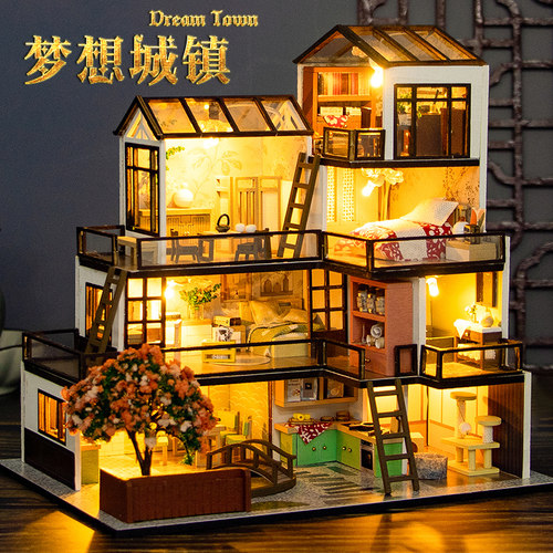 diy小屋迷你别墅梦想城镇手工拼装玩具木质建筑房子模型生日礼物