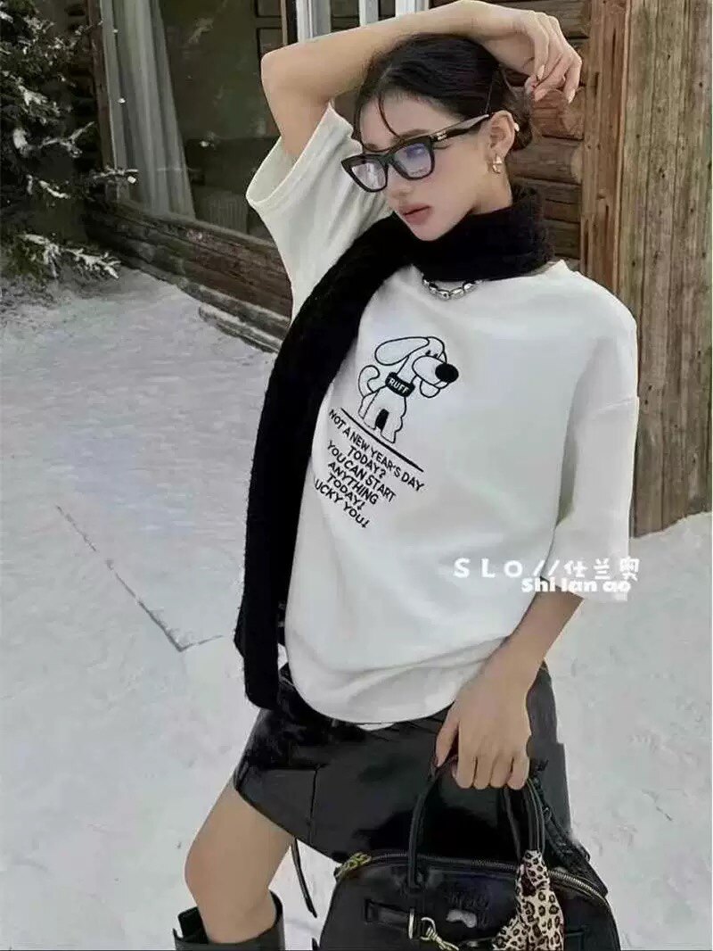 2025字母印花卡通小狗短袖T恤女