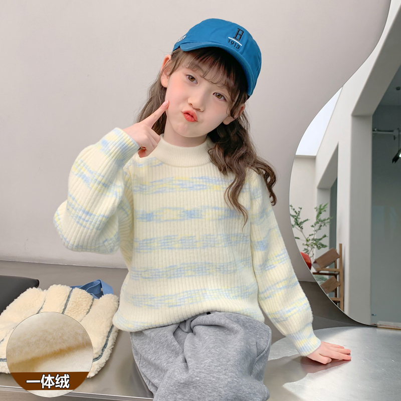 女童毛衣秋冬款套头2025新款半高领加绒中大童儿童冬季针织衫打底