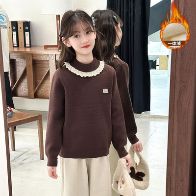 女童打底衫毛衣秋冬季2025新款加厚一体绒中大儿童针织衫女孩内搭