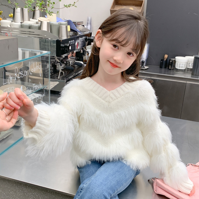 女童毛衣2025新款秋冬款女孩v领套头水貂绒上衣洋气儿童针织衫女