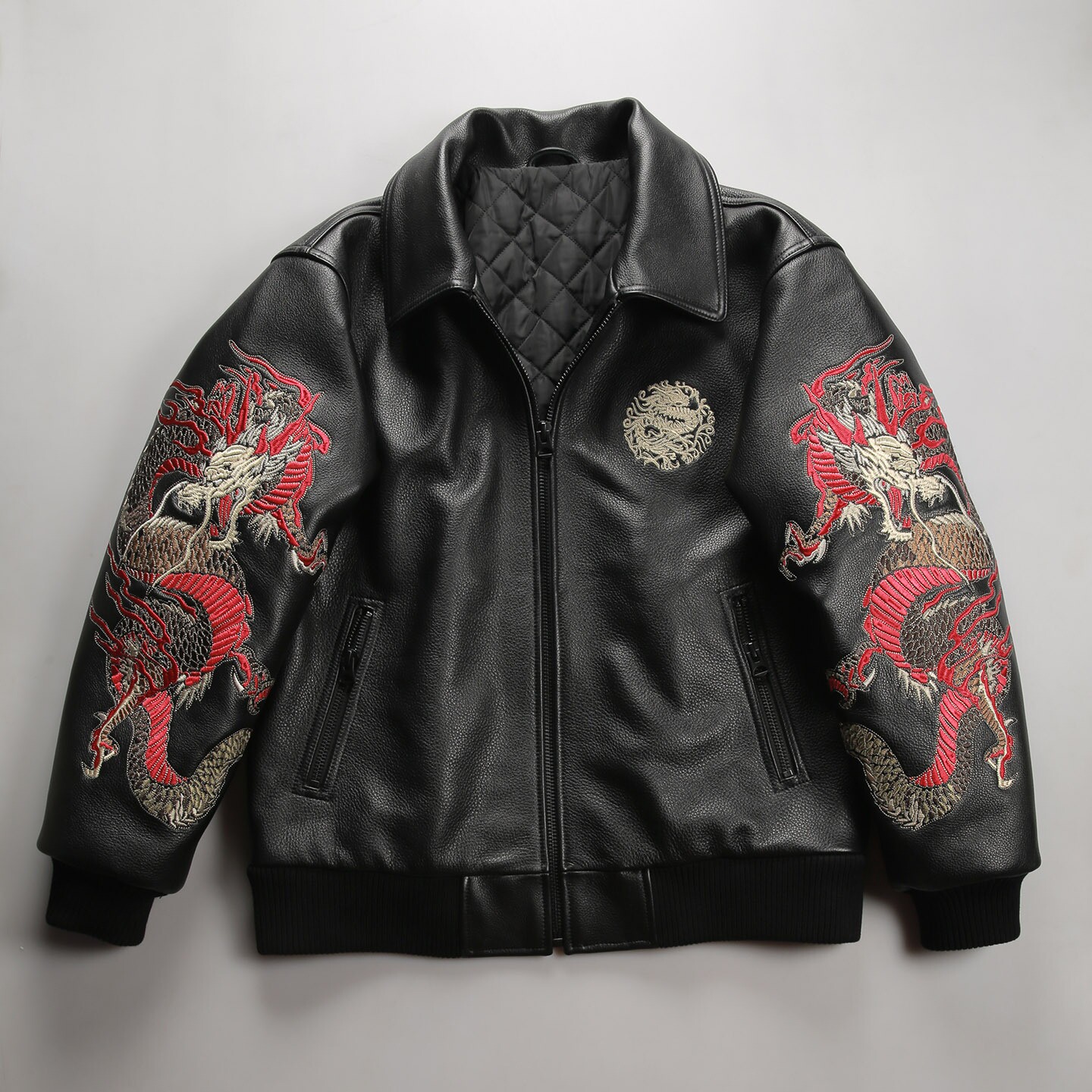 40万针刺绣中国龙真皮飞行服男士翻领加肥加大码号黄牛皮棒球服