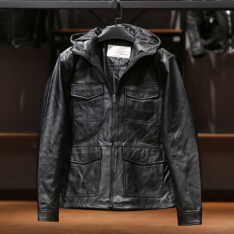 AVFLY连帽真皮皮衣男厂家直供春秋休闲M65牛皮夹克外套