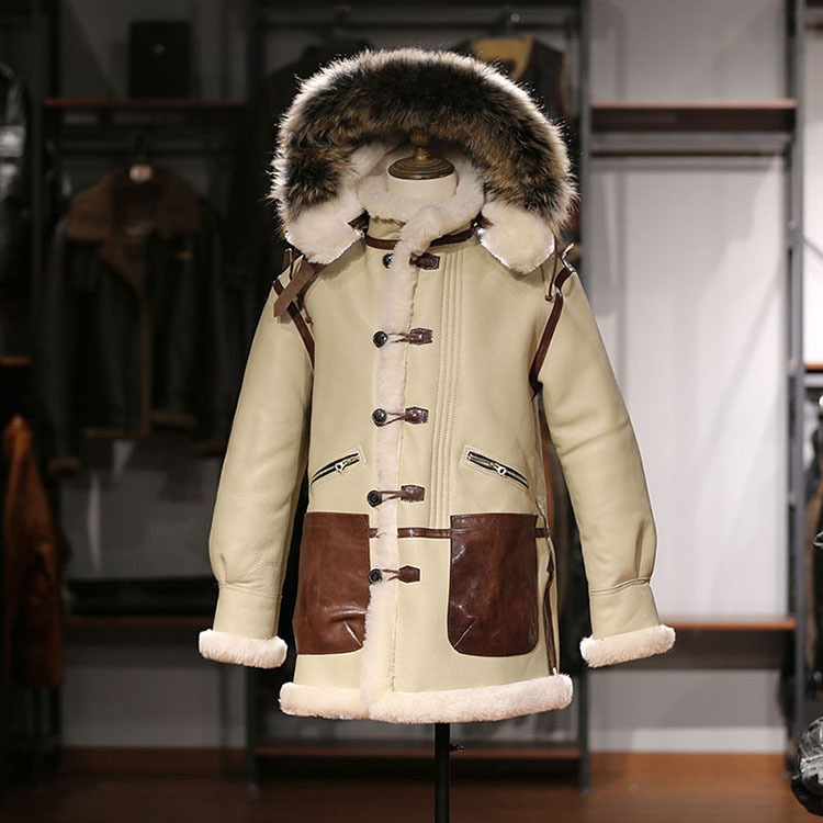美式空B7飞行服皮毛一体大衣男可拆卸帽中长款绵羊皮皮草皮衣