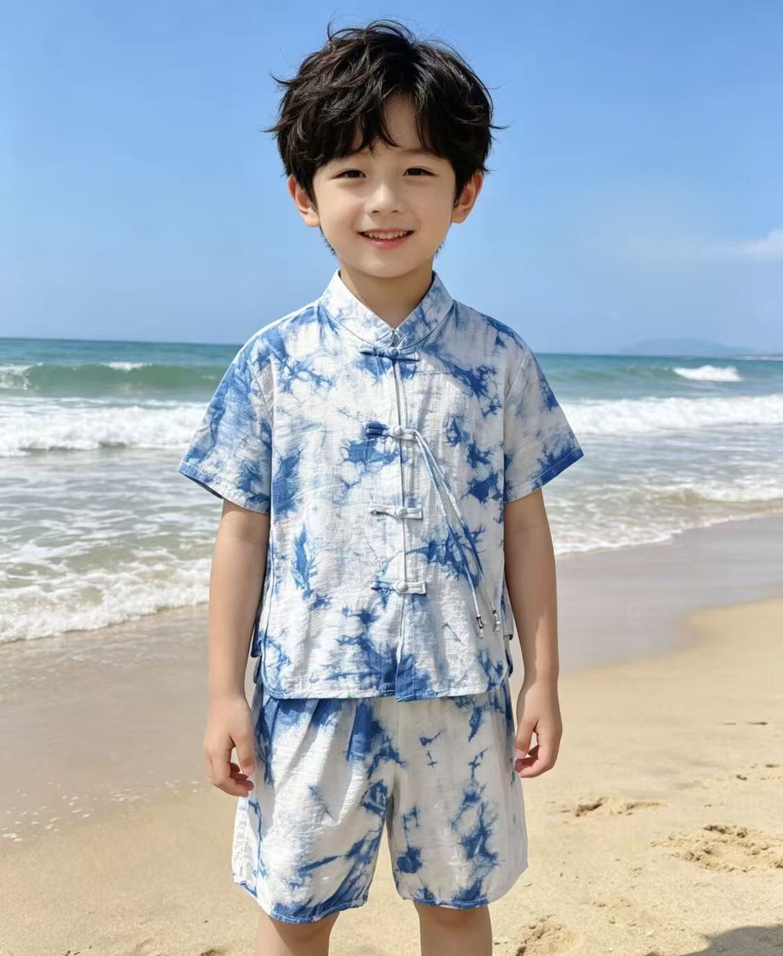 云南扎染新中式古风男童立领汉服套装短袖衬衫国风痞帅衬衣两件套