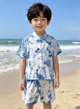 云南扎染新中式古风男童立领汉服套装短袖衬衫国风痞帅衬衣两件套