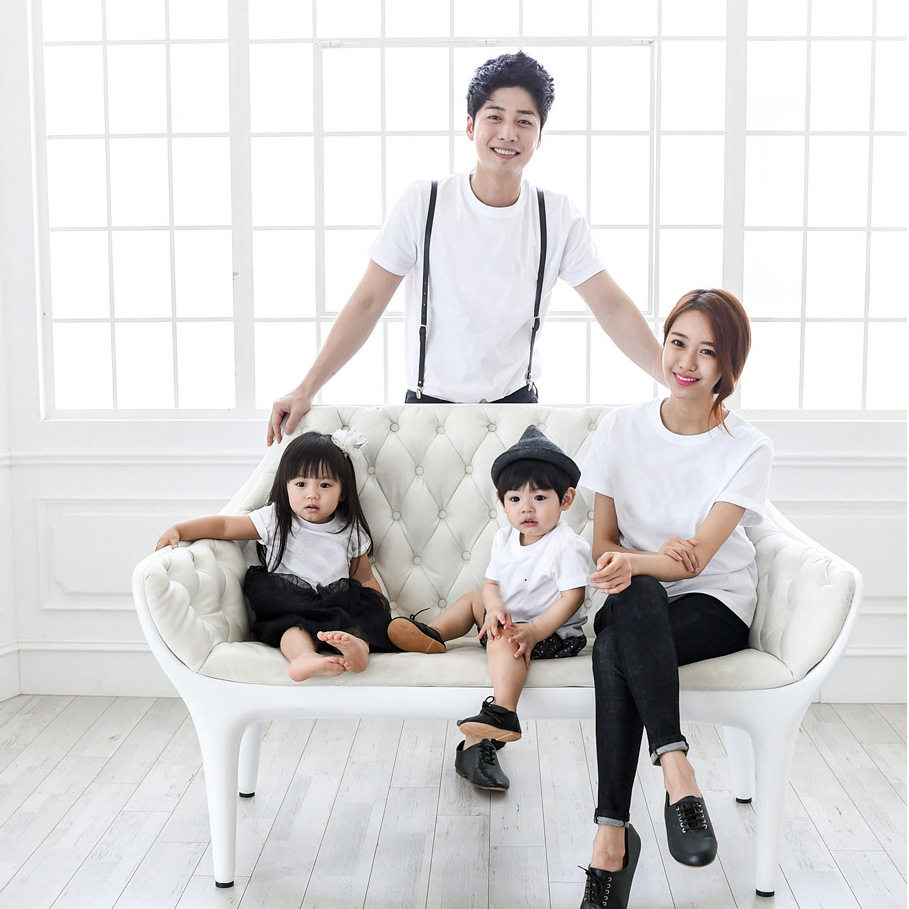 黑色亲子装夏一家三四口纯白t恤短袖母子婴儿影楼全家福百日拍照t