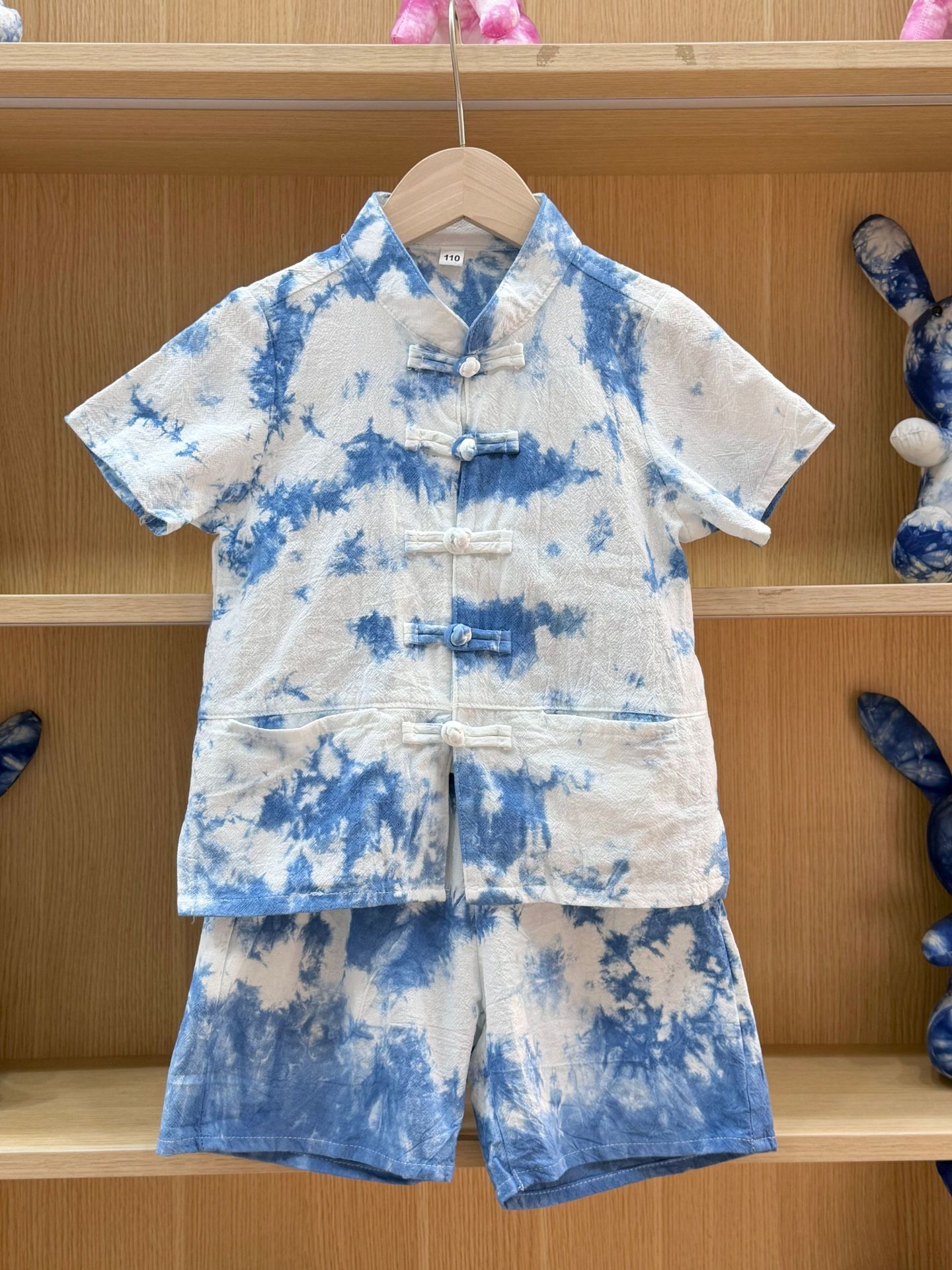 云南大理丽江扎染蓝染男童衬衫套装中山服盘扣两件套上衣短裤儿童图片