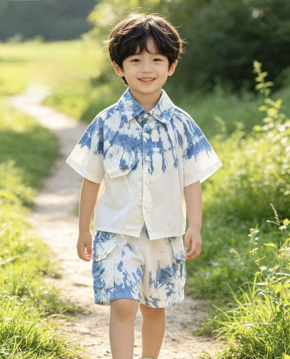 云南手工扎染男童工装套装大理蓝染儿童休闲短袖衬衣短裤宽松夏装图片